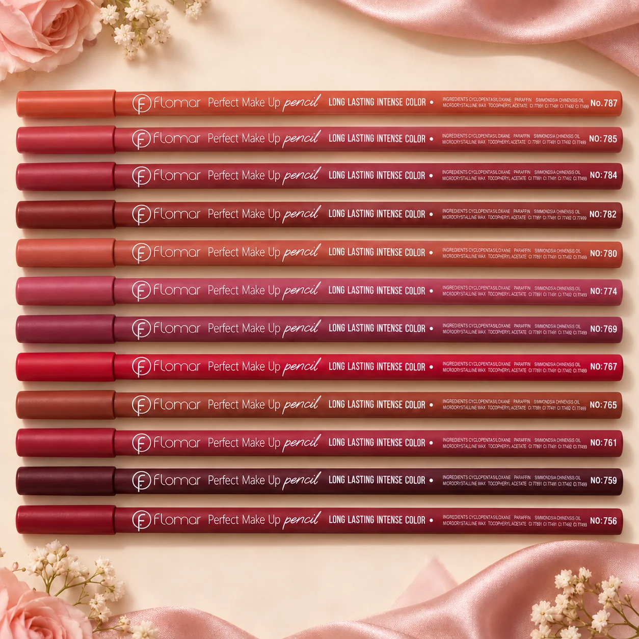 Coral pencil marked No.787 among roses