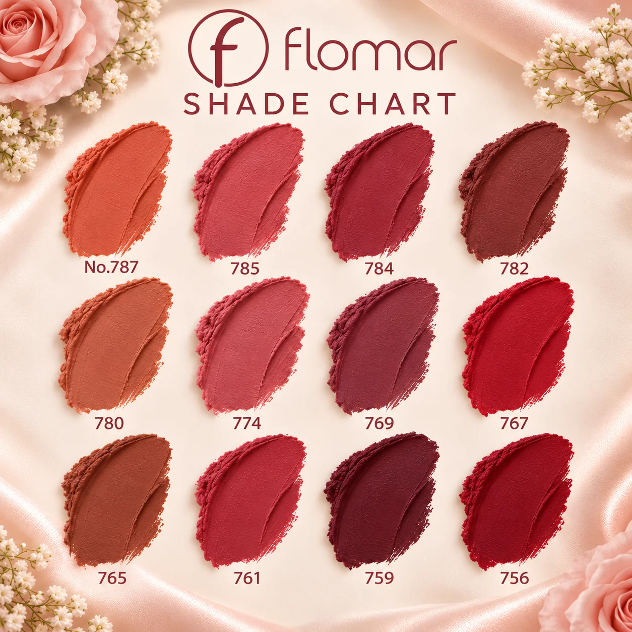 Square 12-shade chart with satin roses